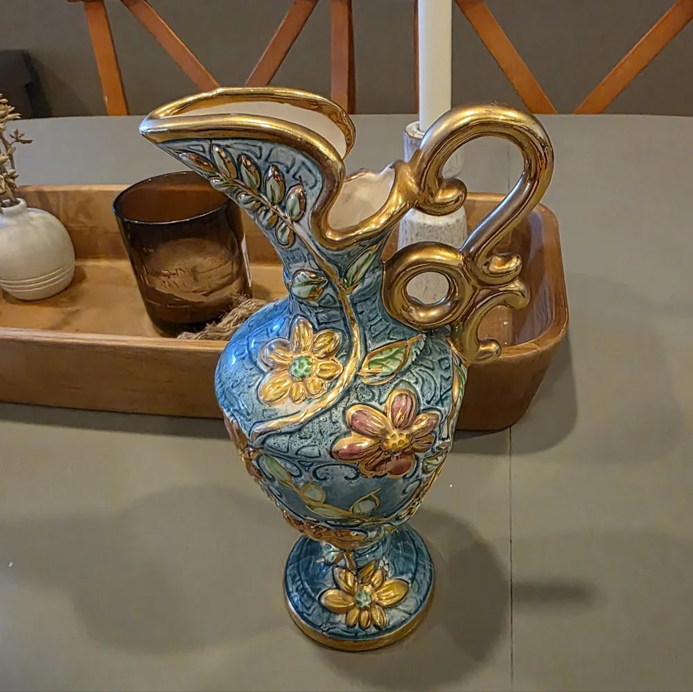 Vintage Hubert Bequet Floral Pottery Vase Hand Painted Belgium Ceramic Decor